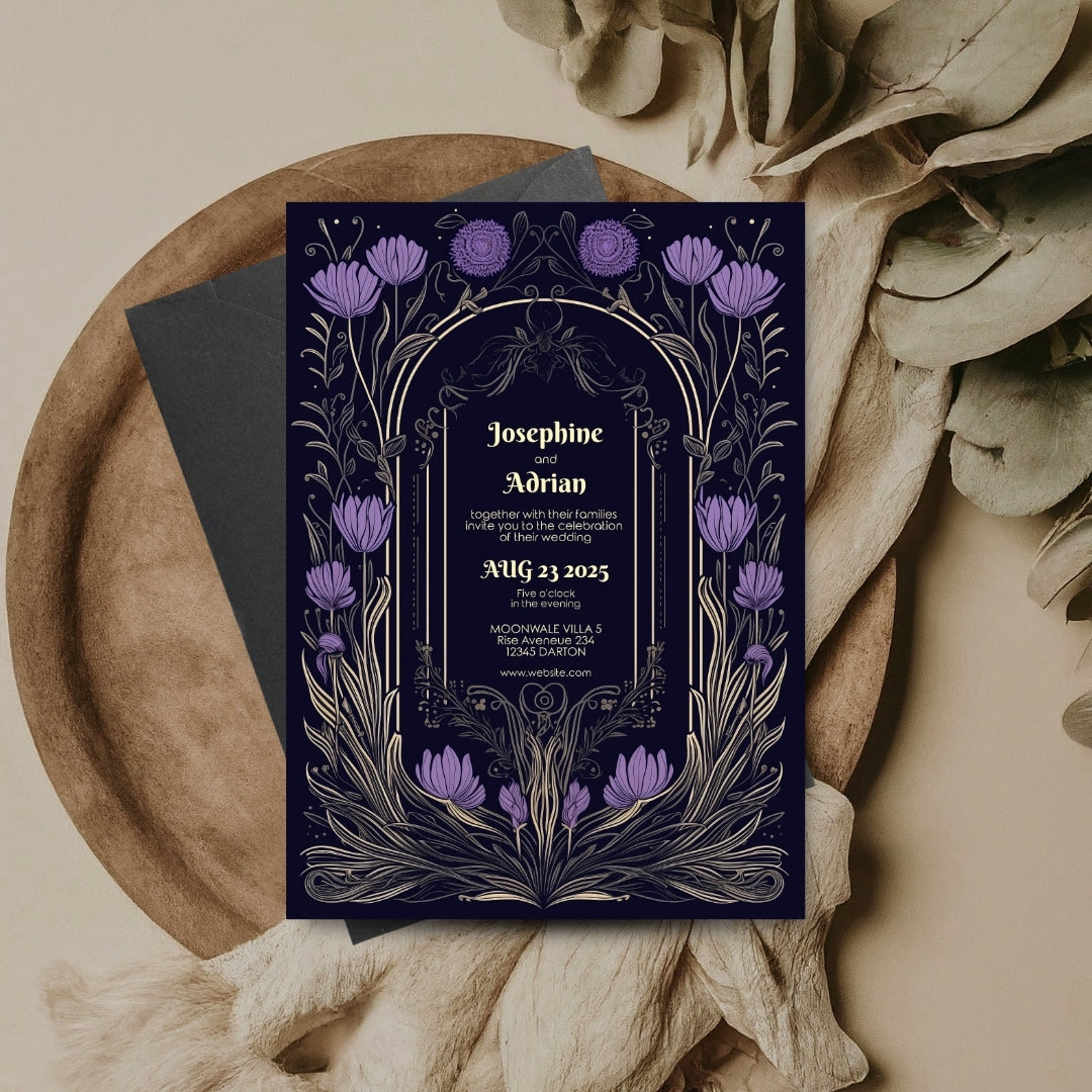 Purple Gothic Flower Wedding Invitation