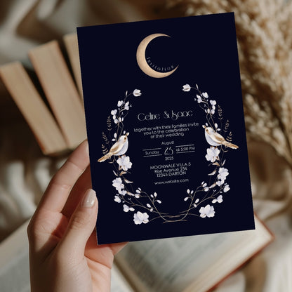 Elegant Celestial Floral Bird Minimalist Wedding Invitation