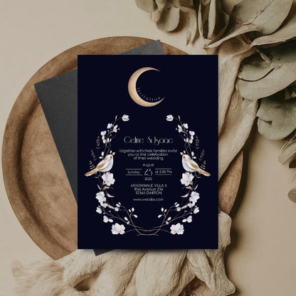 Elegant Celestial Floral Bird Minimalist Wedding Invitation