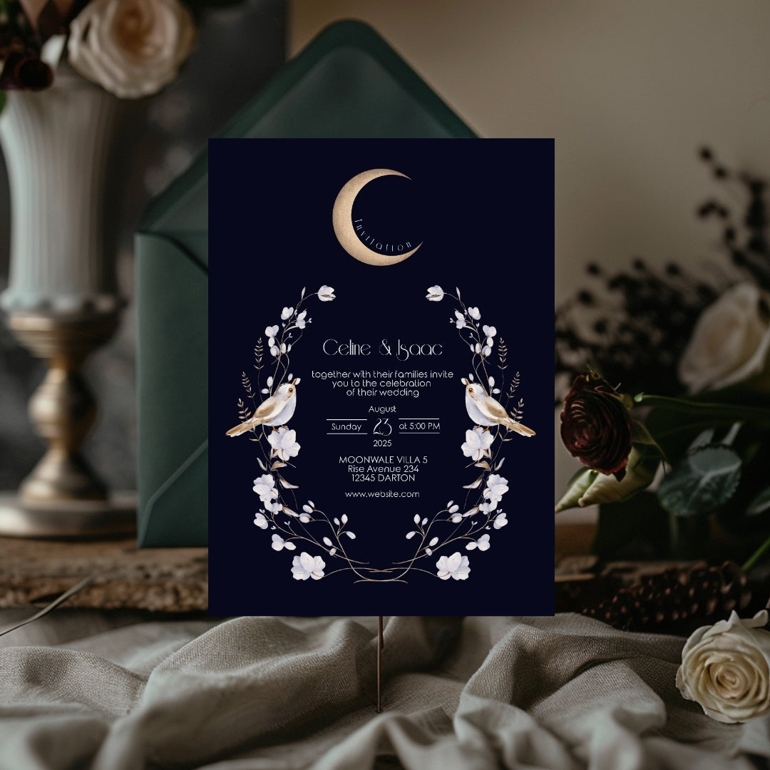 Elegant Celestial Floral Bird Minimalist Wedding Invitation