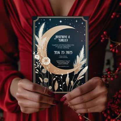 Celestial Moon Dry Pampas Grass Wedding Invitation Set - 5x7 Invitation, 4x5 Details, 3.5x5 RSVP Card