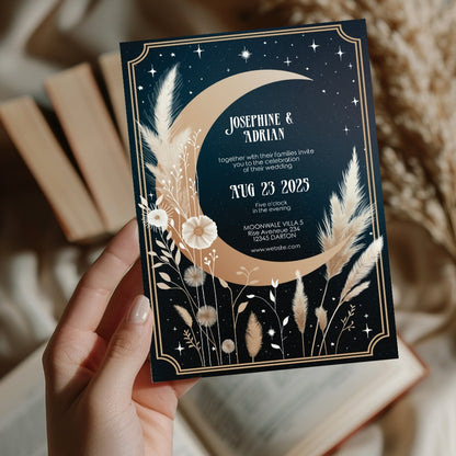 Celestial Moon Dry Pampas Grass Wedding Invitation Set - 5x7 Invitation, 4x5 Details, 3.5x5 RSVP Card