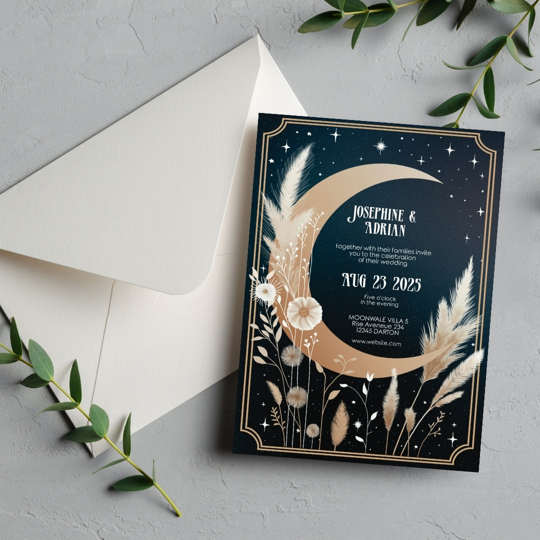 Celestial Moon Dry Pampas Grass Wedding Invitation Set - 5x7 Invitation, 4x5 Details, 3.5x5 RSVP Card