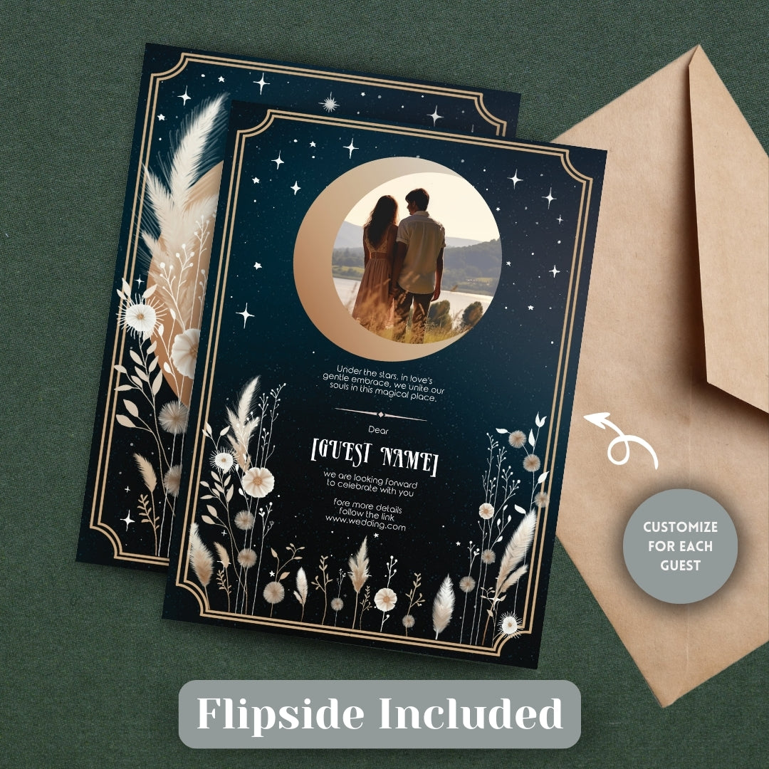 Celestial Moon Dry Pampas Grass Wedding Invitation Set - 5x7 Invitation, 4x5 Details, 3.5x5 RSVP Card