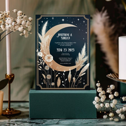 Celestial Moon Dry Pampas Grass Wedding Invitation Set - 5x7 Invitation, 4x5 Details, 3.5x5 RSVP Card