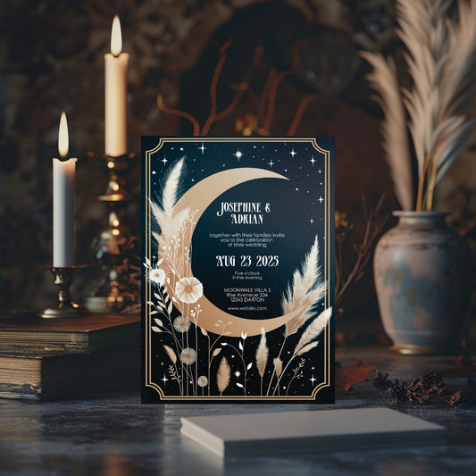 Celestial Moon Dry Pampas Grass Wedding Invitation