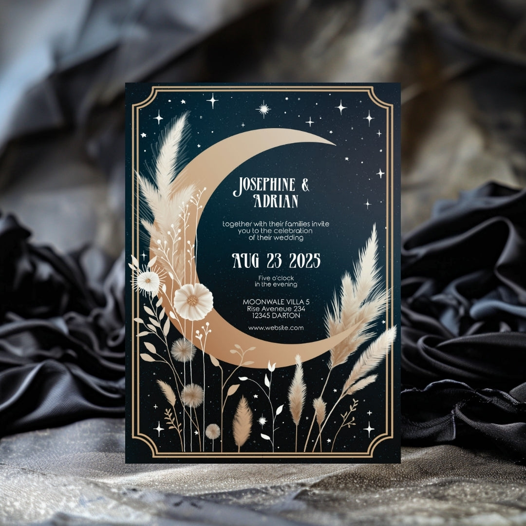 Celestial Moon Dry Pampas Grass Wedding Invitation