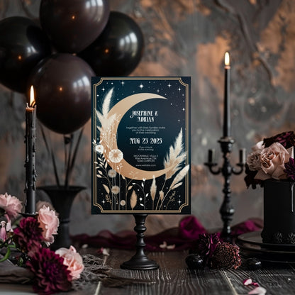 Celestial Moon Dry Pampas Grass Wedding Invitation Set - 5x7 Invitation, 4x5 Details, 3.5x5 RSVP Card