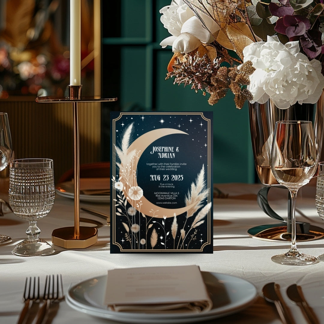 Celestial Moon Dry Pampas Grass Wedding Invitation