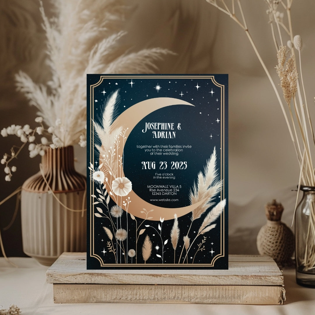 Celestial Moon Dry Pampas Grass Wedding Invitation