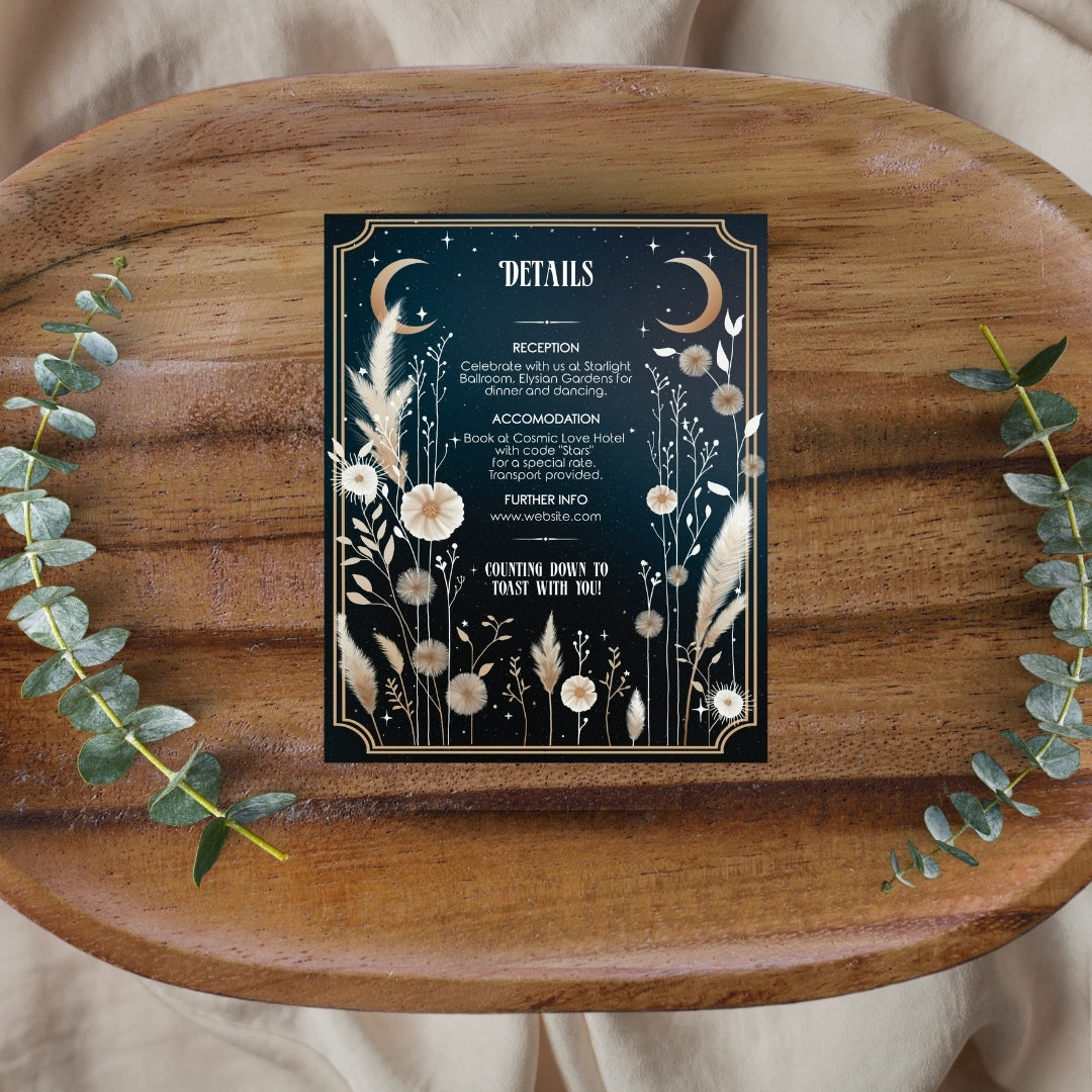 Celestial Moon Dry Pampas Grass Wedding Invitation Set - 5x7 Invitation, 4x5 Details, 3.5x5 RSVP Card