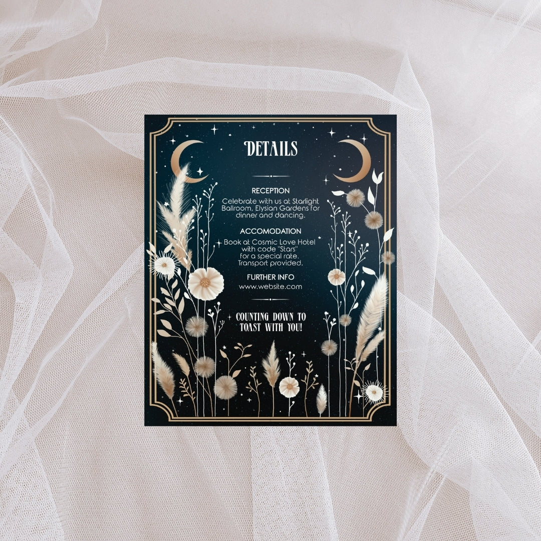 Celestial Moon Dry Pampas Grass Wedding Invitation Set - 5x7 Invitation, 4x5 Details, 3.5x5 RSVP Card