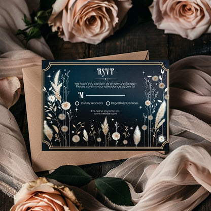 Celestial Moon Dry Pampas Grass Wedding Invitation Set - 5x7 Invitation, 4x5 Details, 3.5x5 RSVP Card