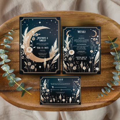 Celestial Moon Dry Pampas Grass Wedding Invitation Set - 5x7 Invitation, 4x5 Details, 3.5x5 RSVP Card