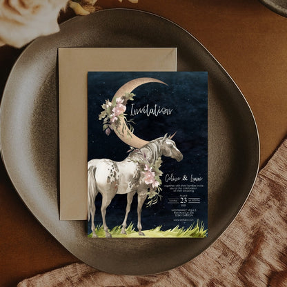 Celestial Horse Dark Romantic Minimalist Wedding Invitation