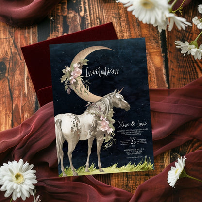 Celestial Horse Dark Romantic Minimalist Wedding Invitation