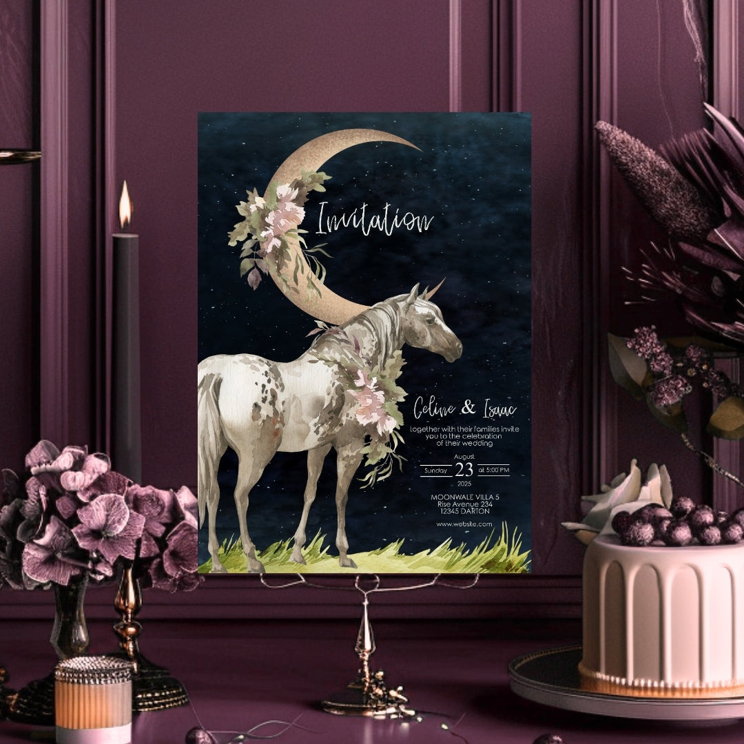 Celestial Horse Dark Romantic Minimalist Wedding Invitation