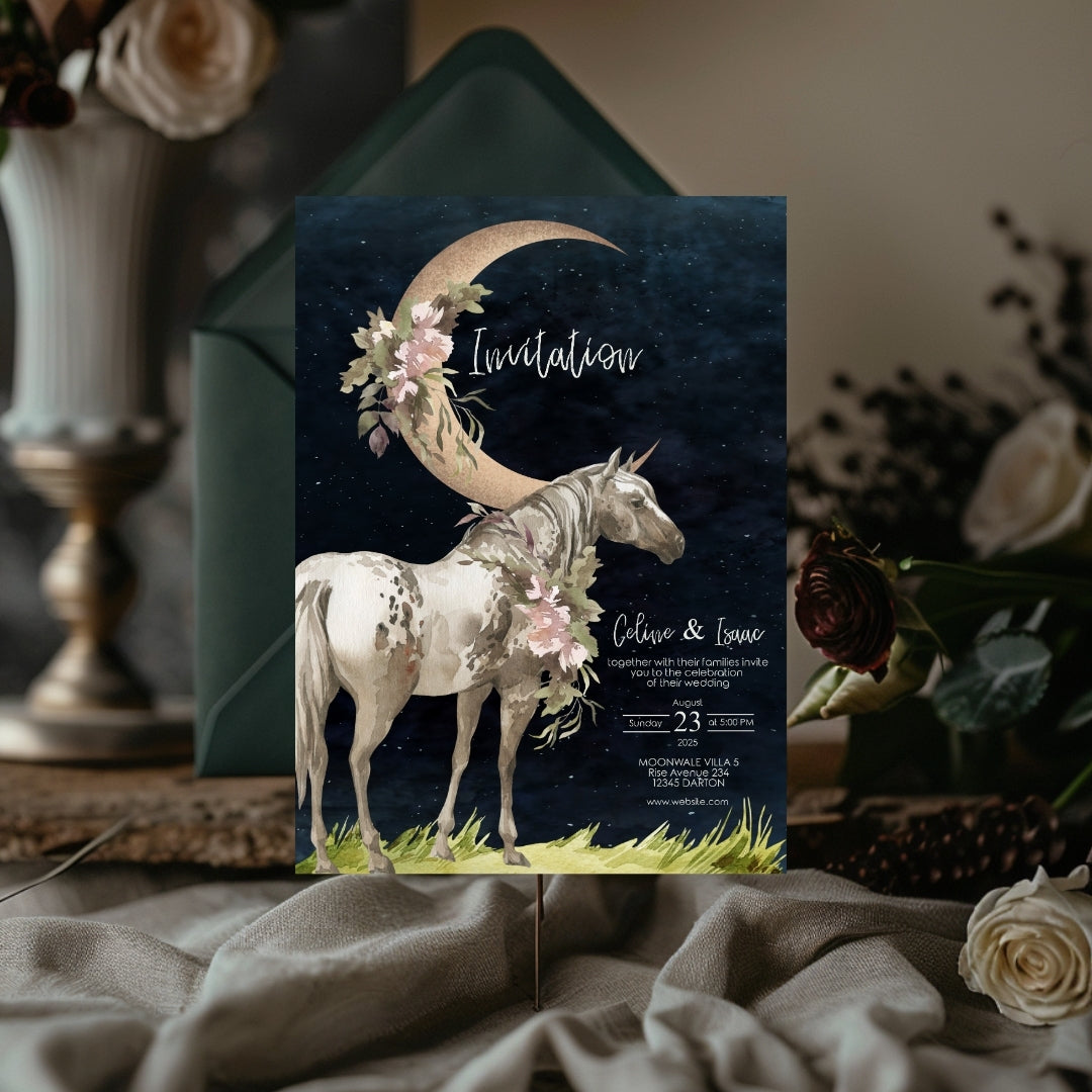 Celestial Horse Dark Romantic Minimalist Wedding Invitation