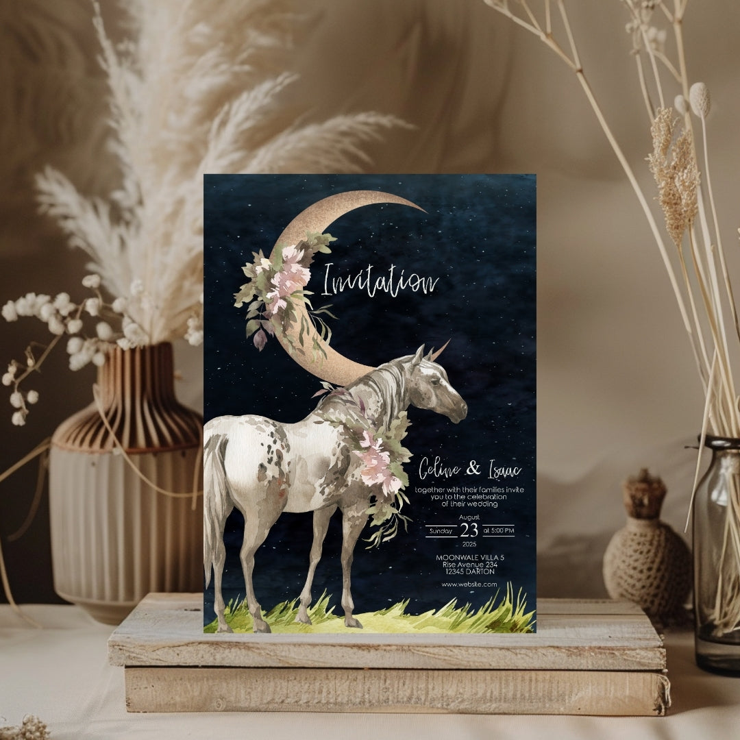 Celestial Horse Dark Romantic Minimalist Wedding Invitation