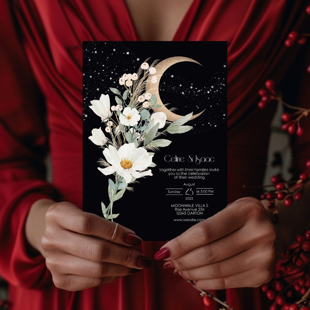 Celestial Moon White Floral Minimalist Wedding Invitation