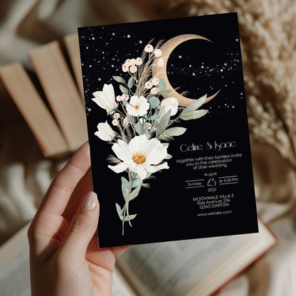 Celestial Moon White Floral Minimalist Wedding Invitation