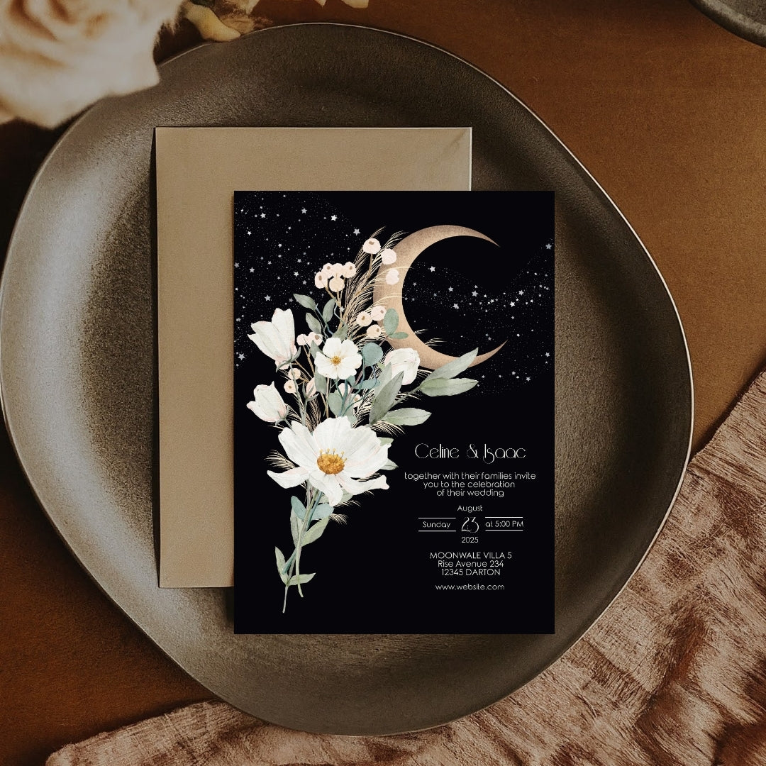 Celestial Moon White Floral Minimalist Wedding Invitation