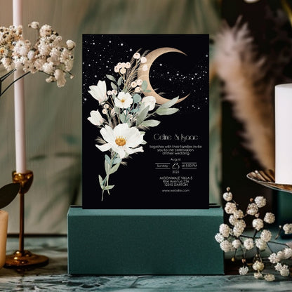 Celestial Moon White Floral Minimalist Wedding Invitation