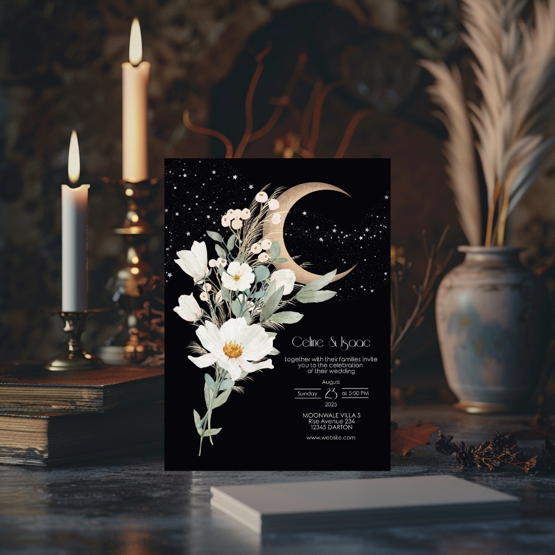 Celestial Moon White Floral Minimalist Wedding Invitation