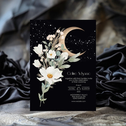 Celestial Moon White Floral Minimalist Wedding Invitation