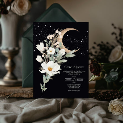 Celestial Moon White Floral Minimalist Wedding Invitation