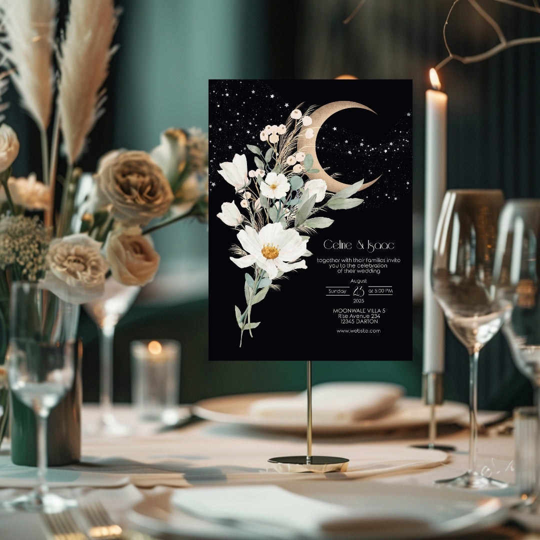 Celestial Moon White Floral Minimalist Wedding Invitation