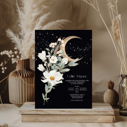 Celestial Moon White Floral Minimalist Wedding Invitation