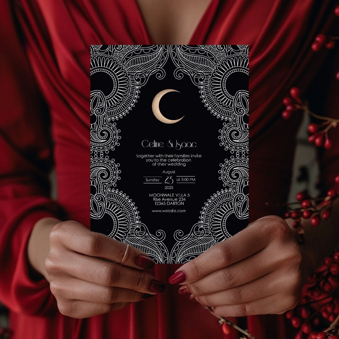 Celestial Moon Paisley Elegance Wedding Invitation