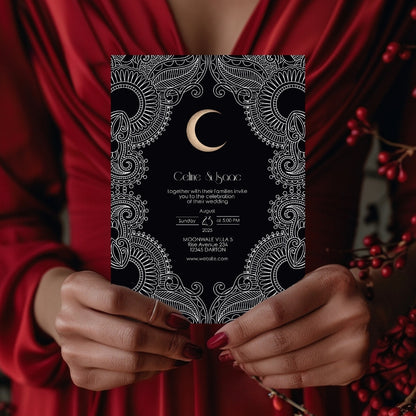 Celestial Moon Paisley Elegance Wedding Invitation