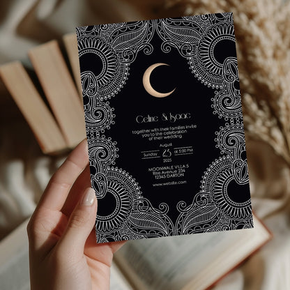 Celestial Moon Paisley Elegance Wedding Invitation