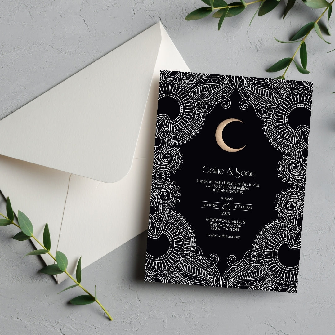 Celestial Moon Paisley Elegance Wedding Invitation