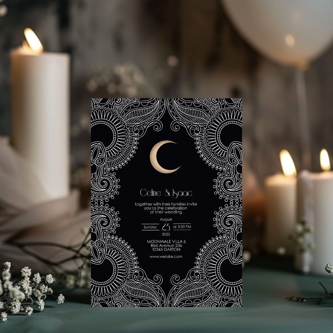 Celestial Moon Paisley Elegance Wedding Invitation