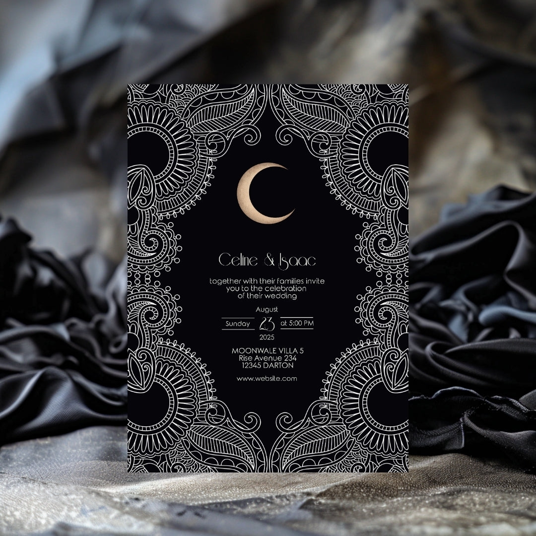 Celestial Moon Paisley Elegance Wedding Invitation