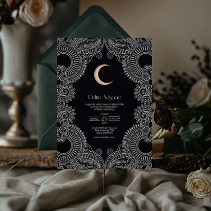 Celestial Moon Paisley Elegance Wedding Invitation