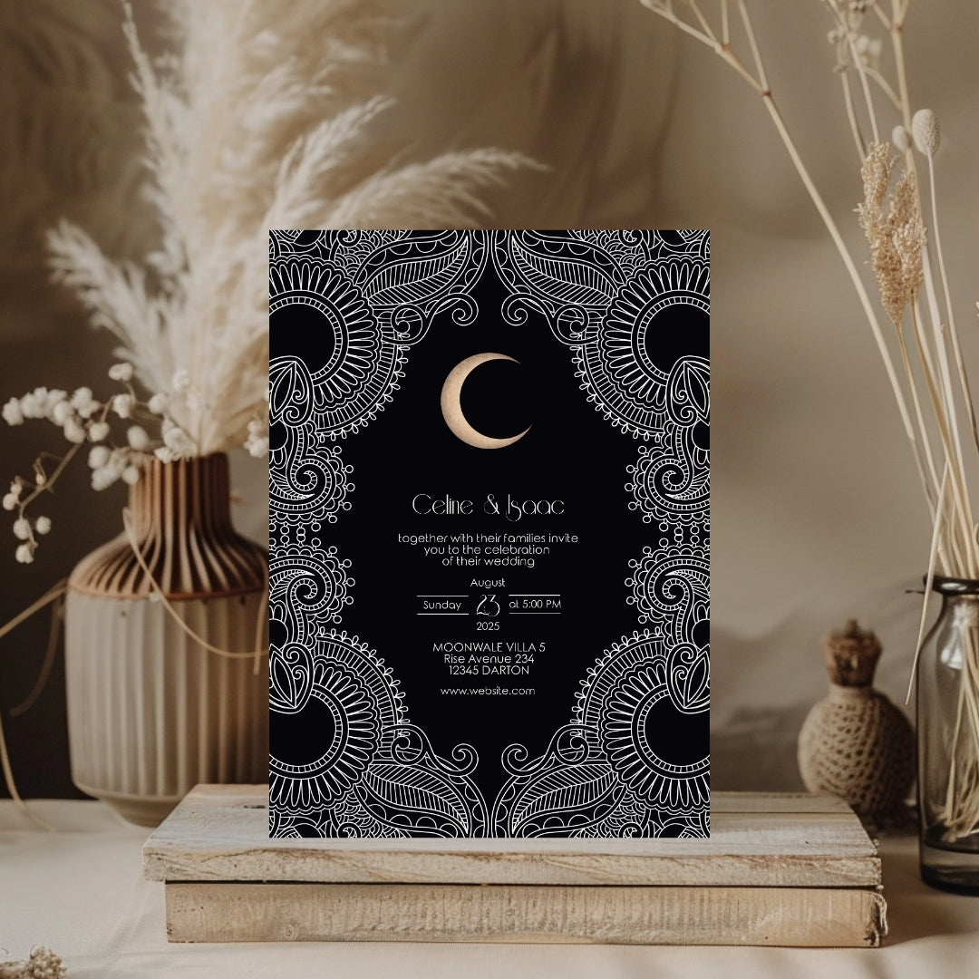 Celestial Moon Paisley Elegance Wedding Invitation