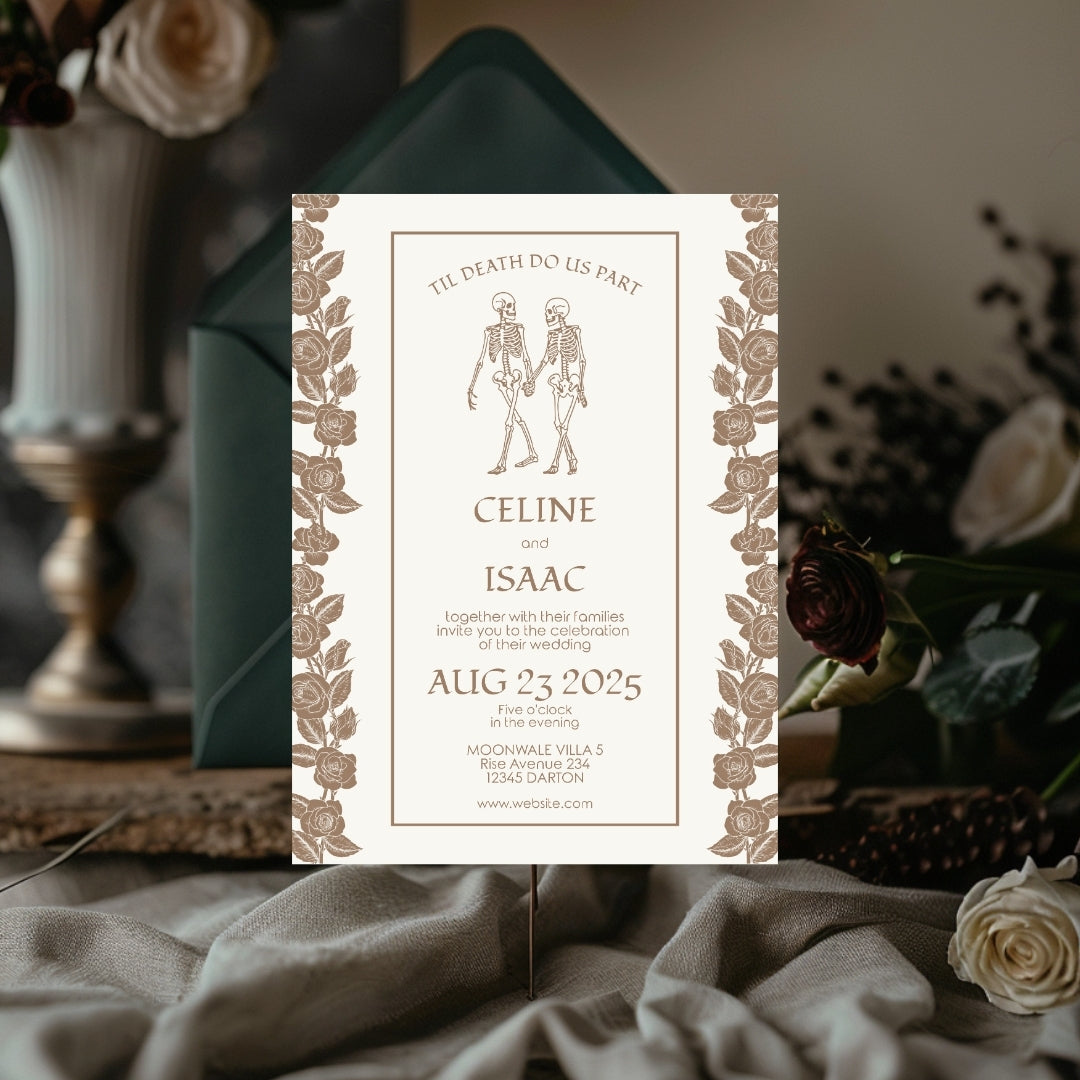 Vintage Beige Rose Gothic Wedding Invitation Set - 5x7 Invitation, 4x5 Details, 3.5.x5 RSVP