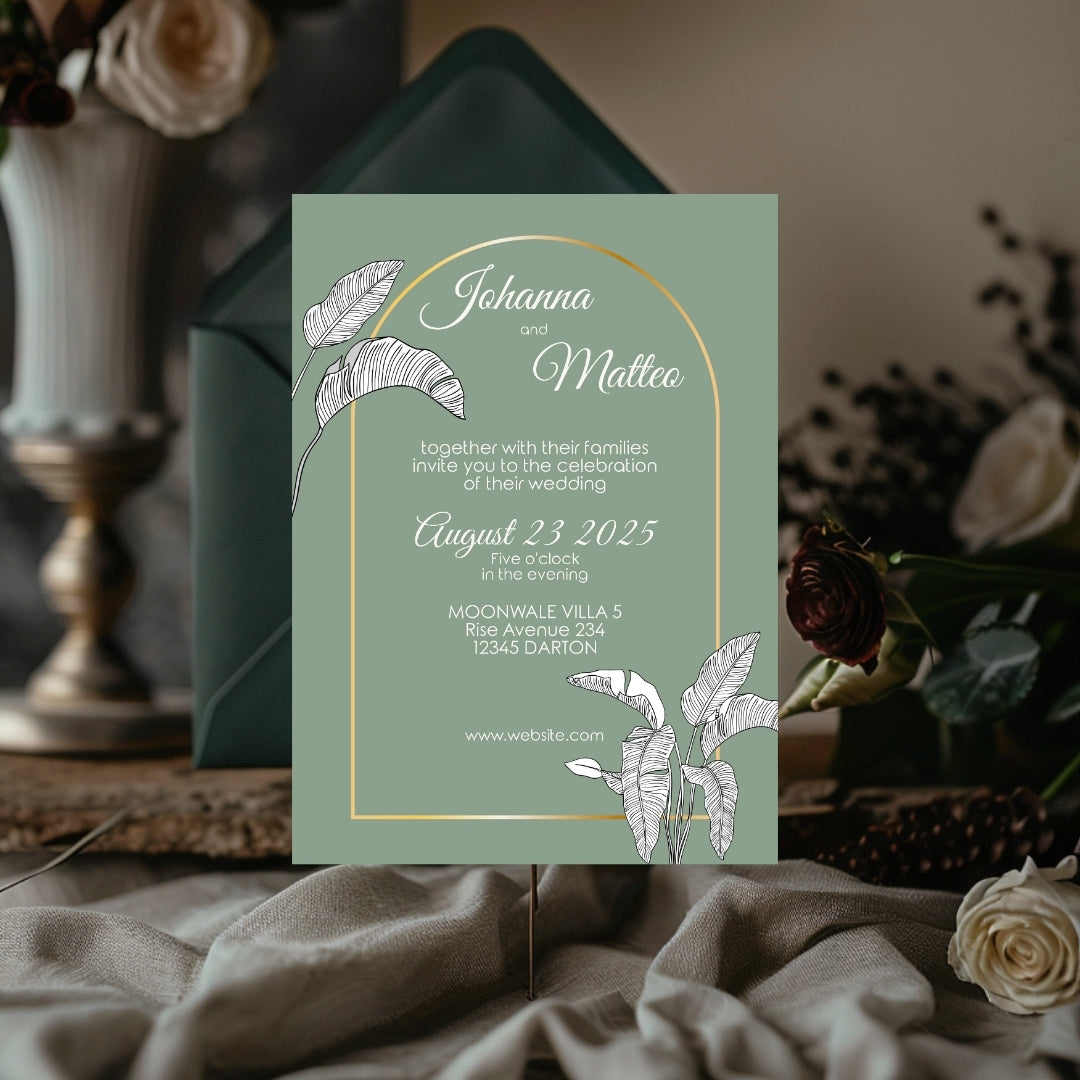 Sage Green Floral Minimalist Wedding Invitation Set - 5x7 Invitation, 4x5 Details, 3.5.x5 RSVP