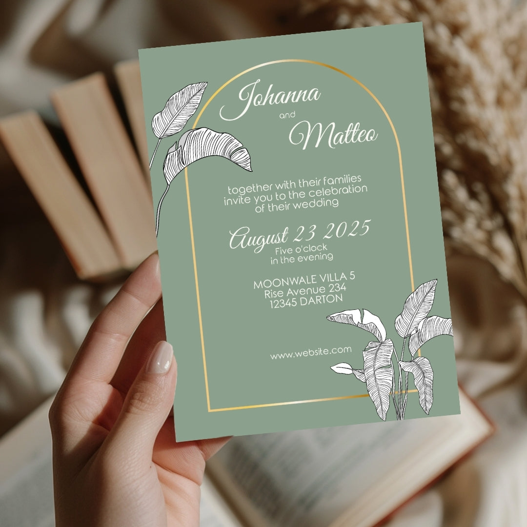 Sage Green Floral Minimalist Wedding Invitation Set - 5x7 Invitation, 4x5 Details, 3.5.x5 RSVP