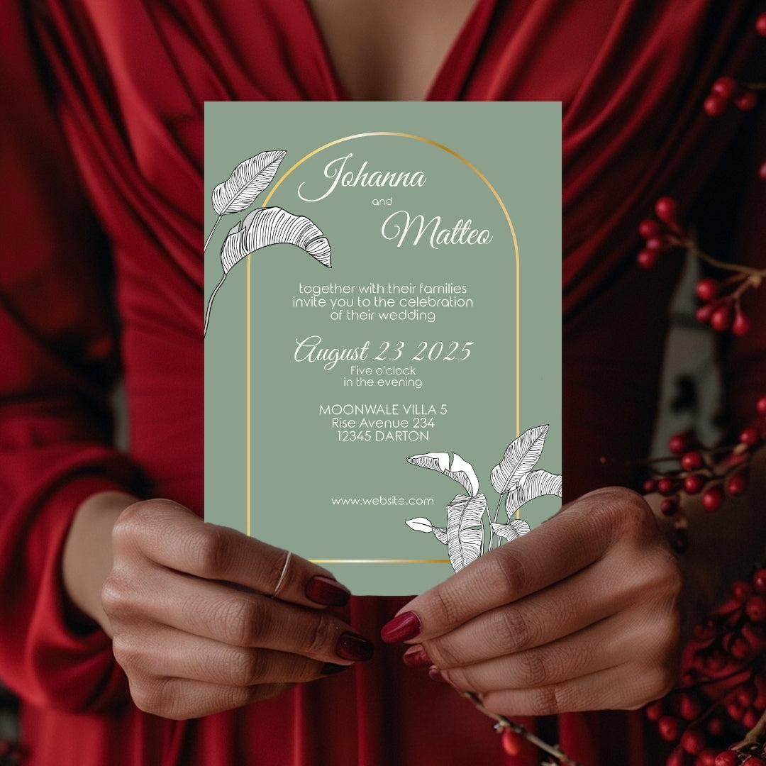 Sage Green Floral Minimalist Wedding Invitation Set - 5x7 Invitation, 4x5 Details, 3.5.x5 RSVP