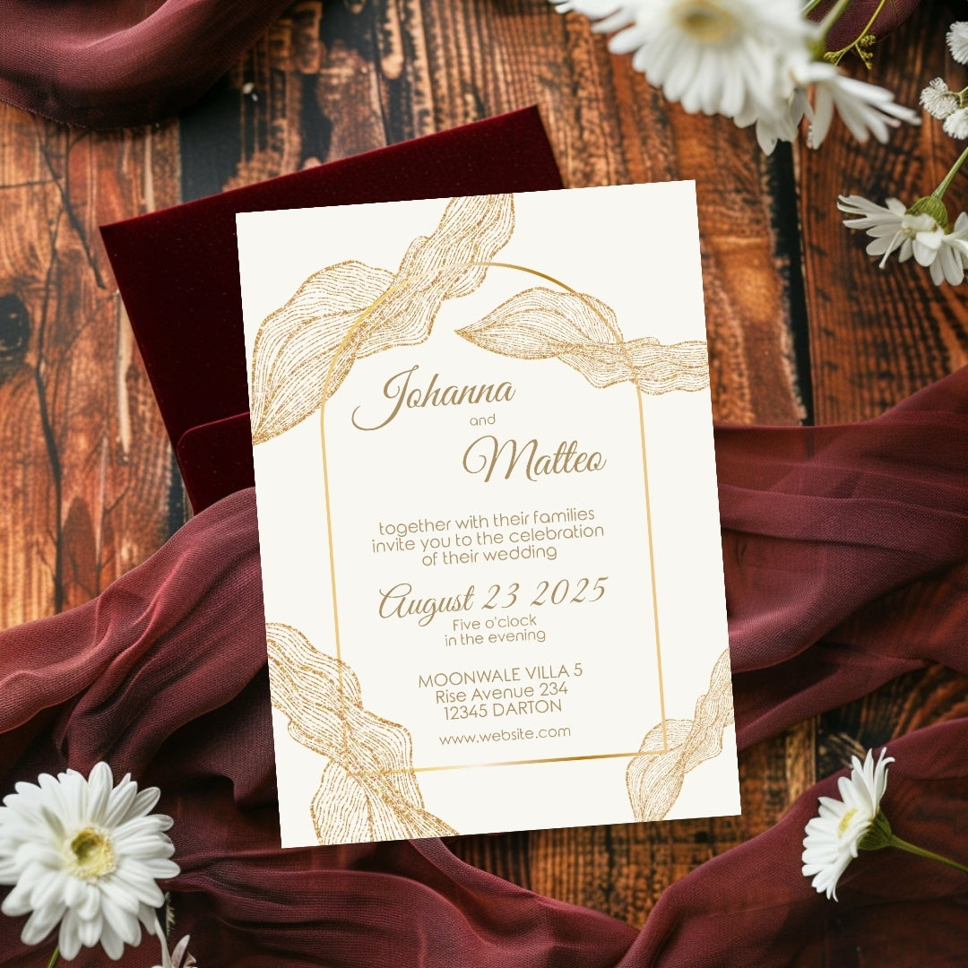 Boho Minimalist Banana Leaves Wedding Invitation Set - 5x7 Invitation, 4x5 Details, 3.5.x5 RSVP