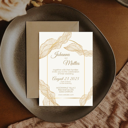 Boho Minimalist Banana Leaves Wedding Invitation Set - 5x7 Invitation, 4x5 Details, 3.5.x5 RSVP