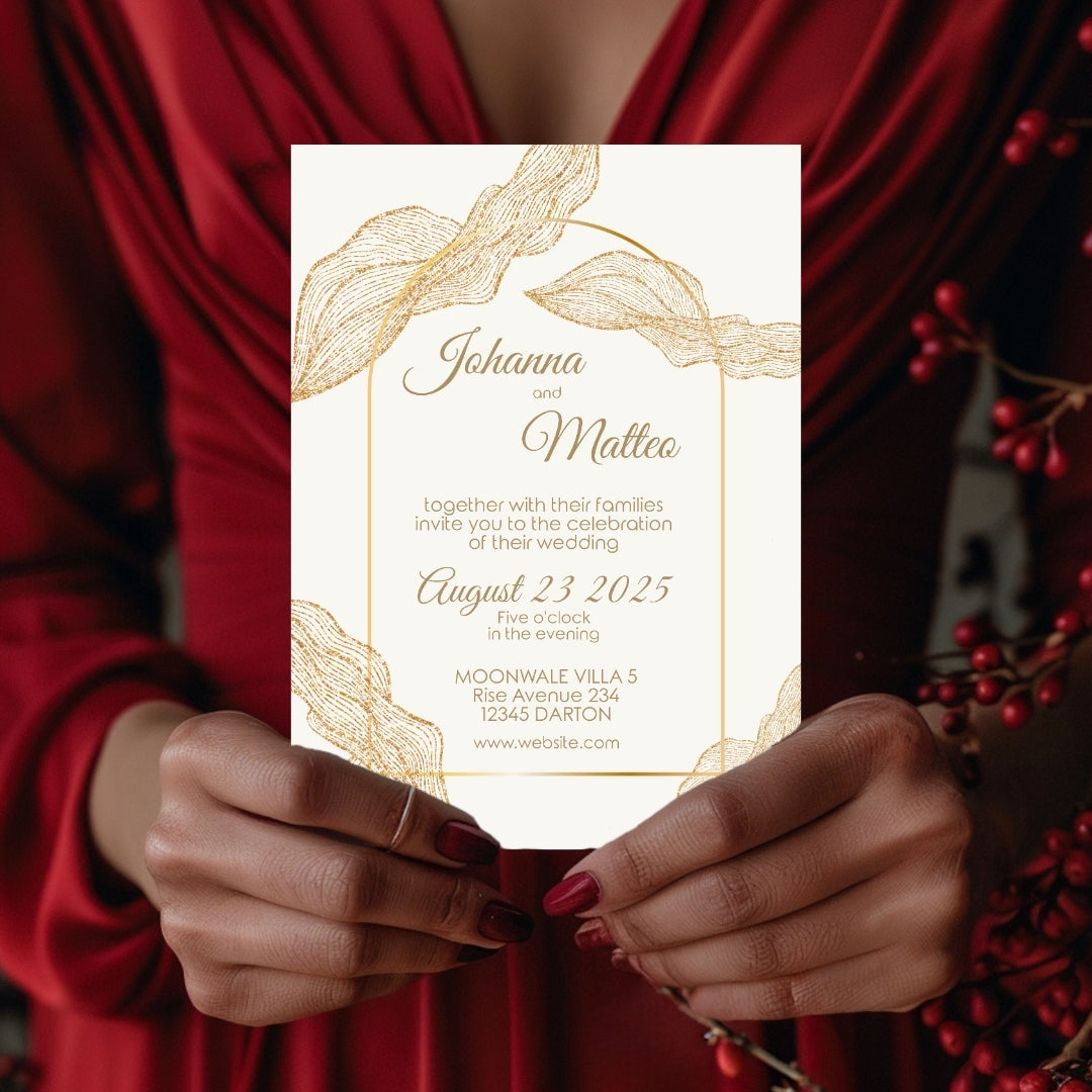 Boho Minimalist Banana Leaves Wedding Invitation Set - 5x7 Invitation, 4x5 Details, 3.5.x5 RSVP