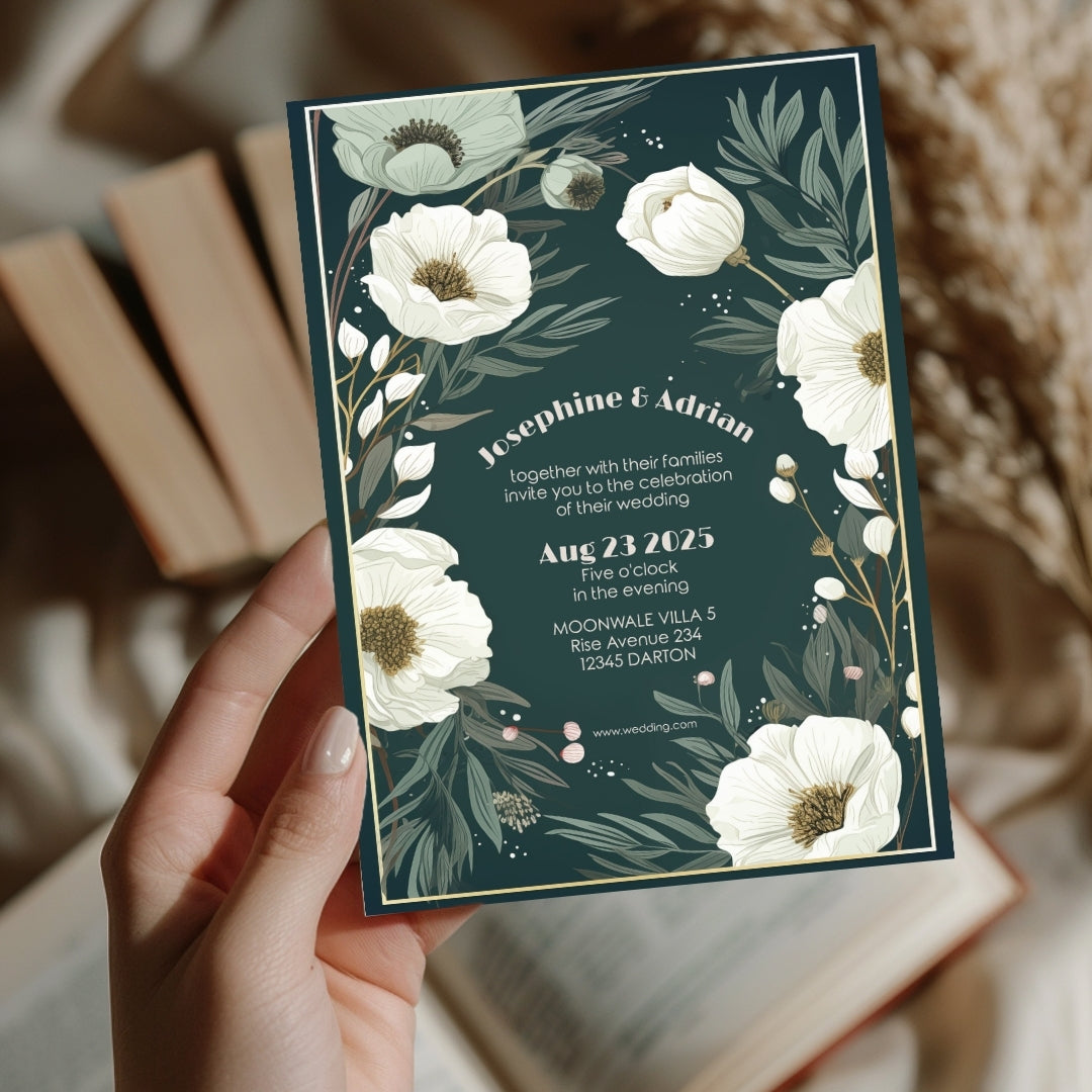 Green Minimalist White Floral Elegance Wedding Invitation