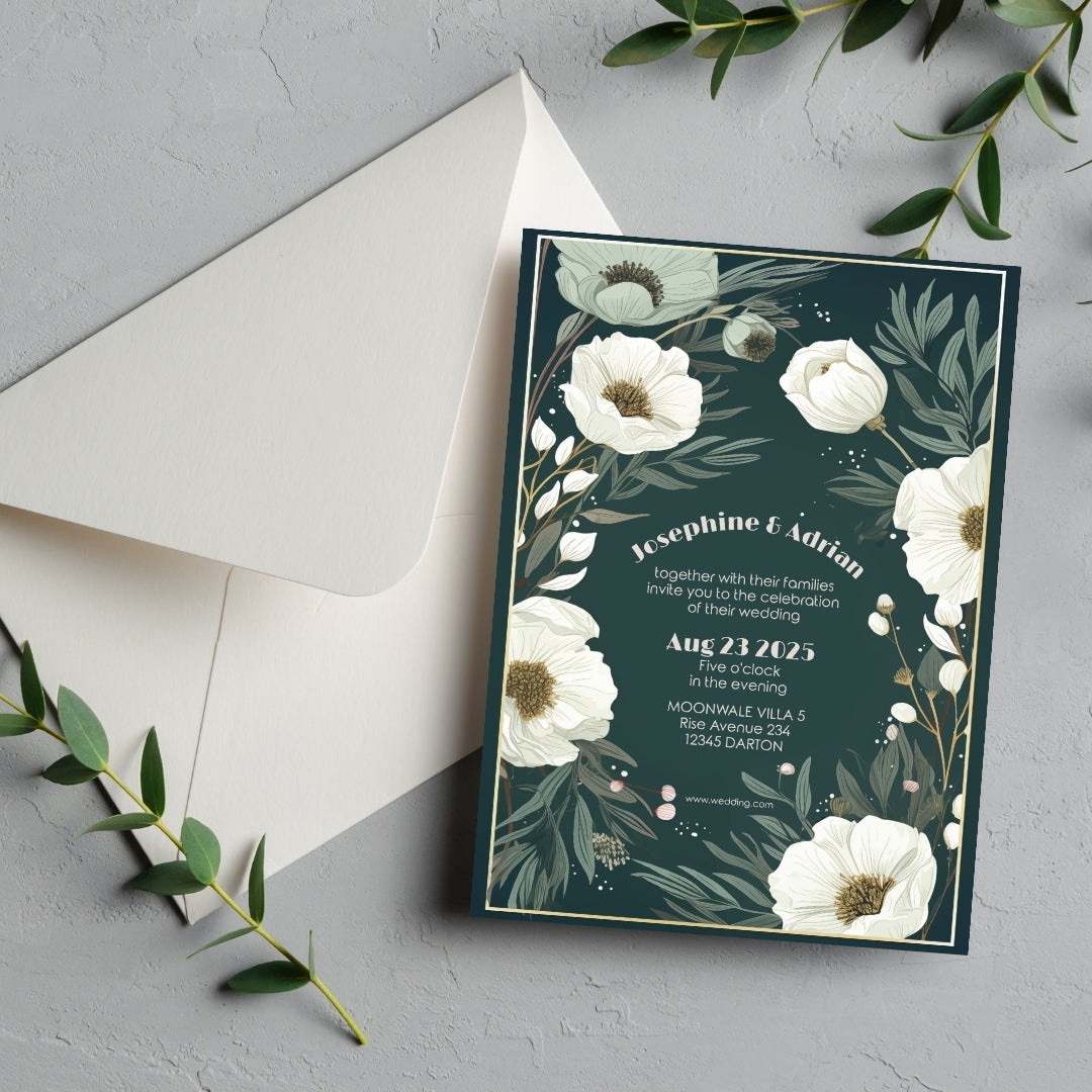 Green Minimalist White Floral Elegance Wedding Invitation