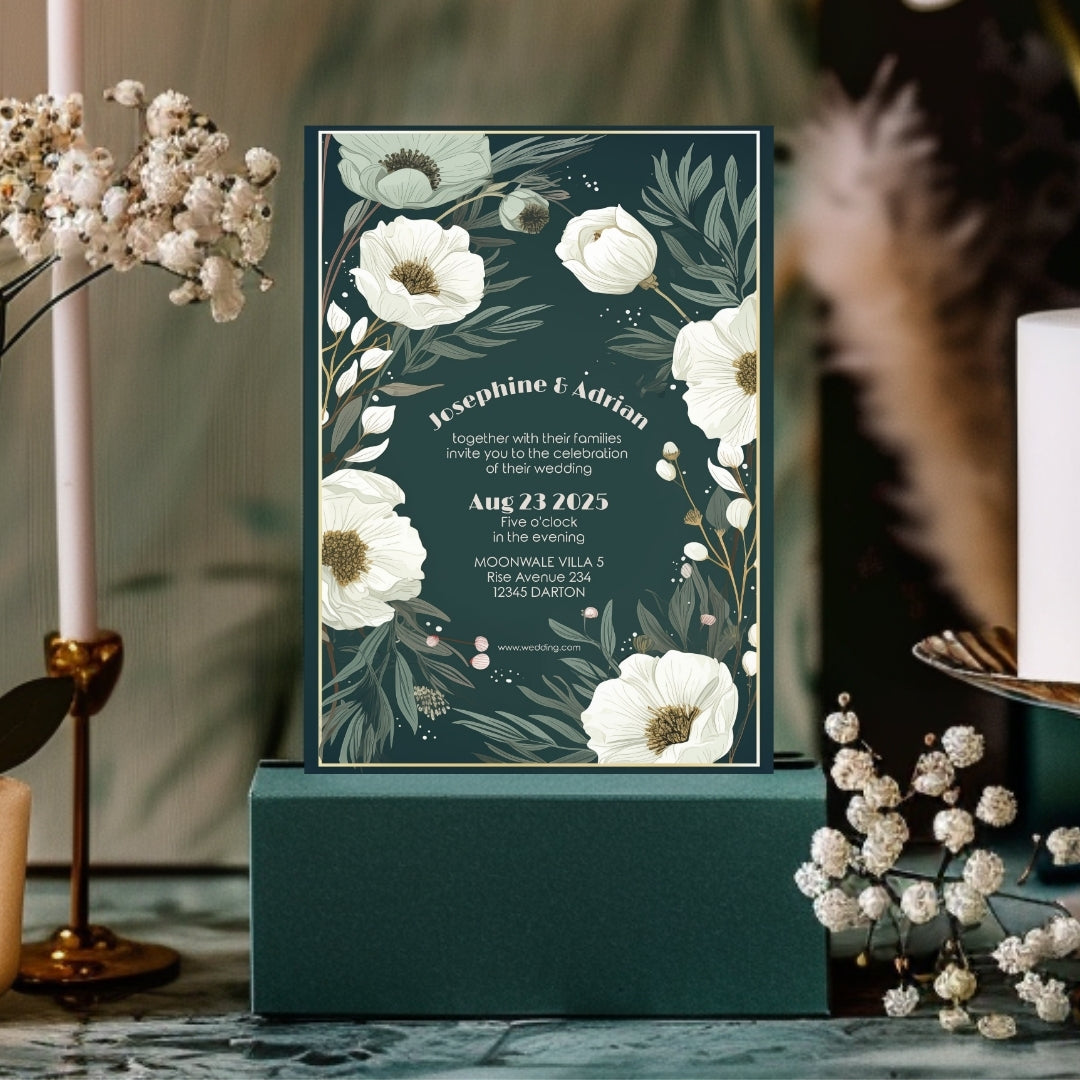 Green Minimalist White Floral Elegance Wedding Invitation